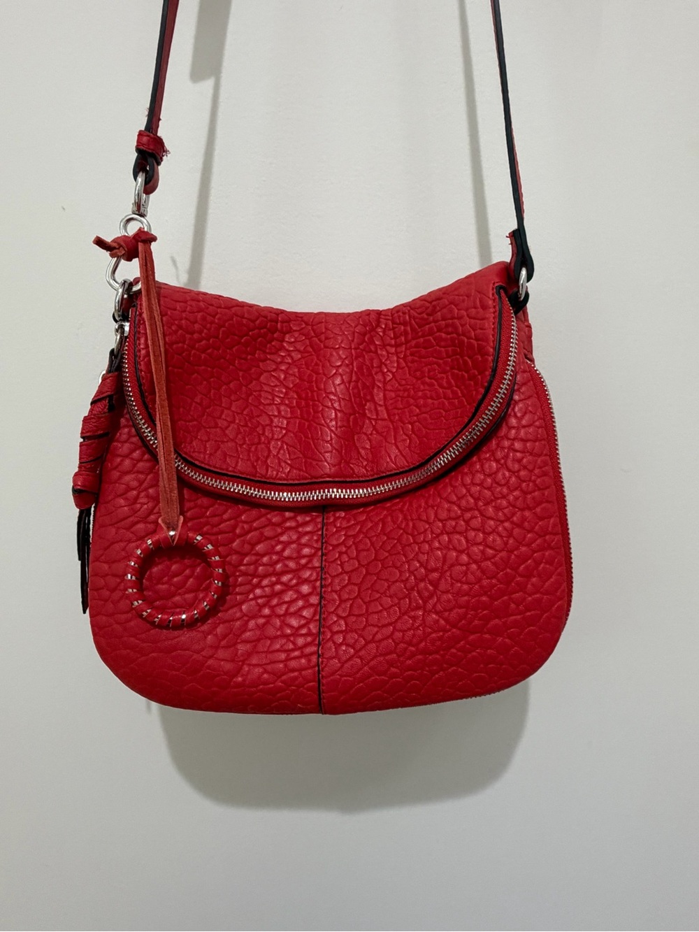 Vince Camuto Cory Scarlet Red Pebbled Leather Crossbody Bag Shoulder Purse